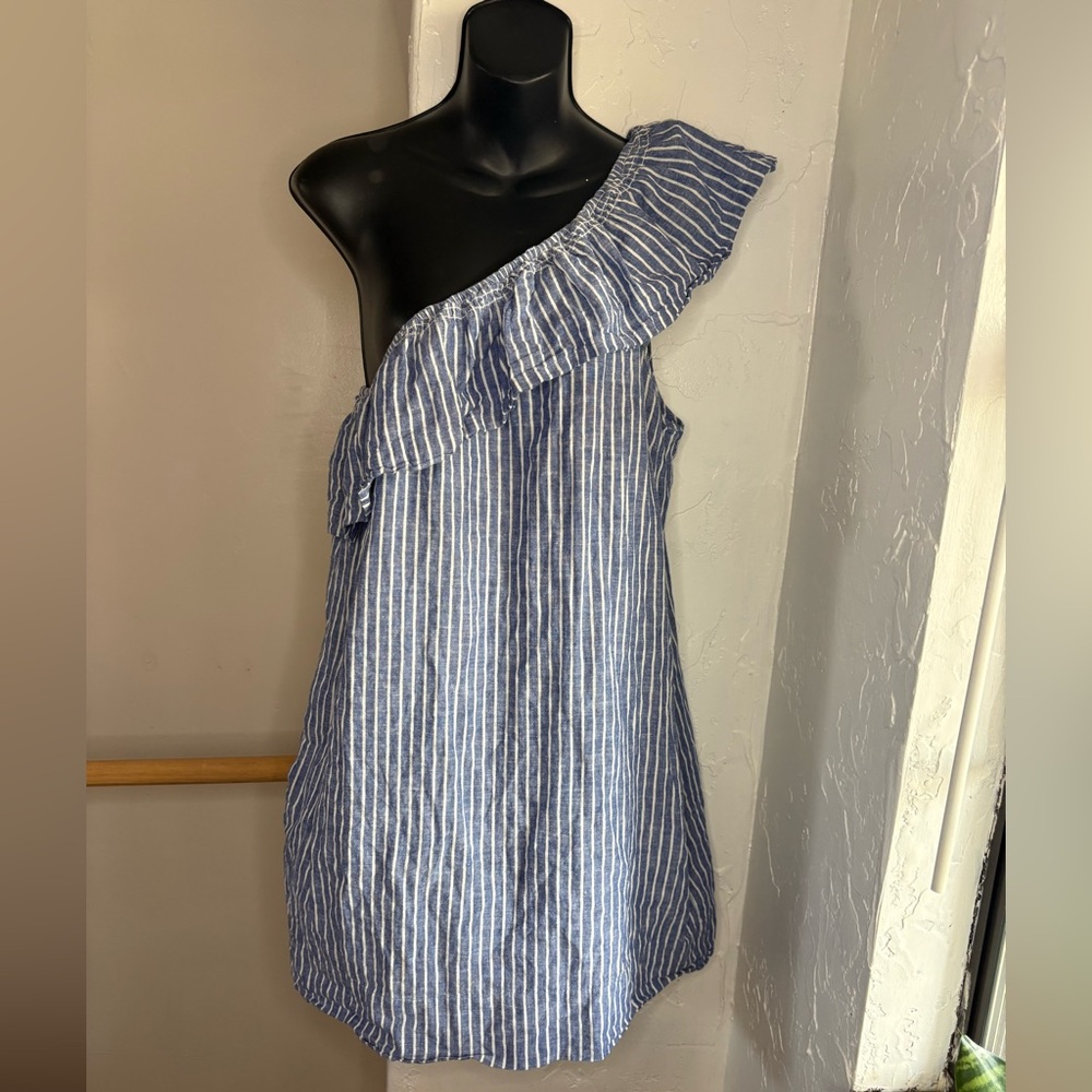 Madewell blue White one shoulder striped mini dress linen cotton blend sz L - Picture 9 of 14